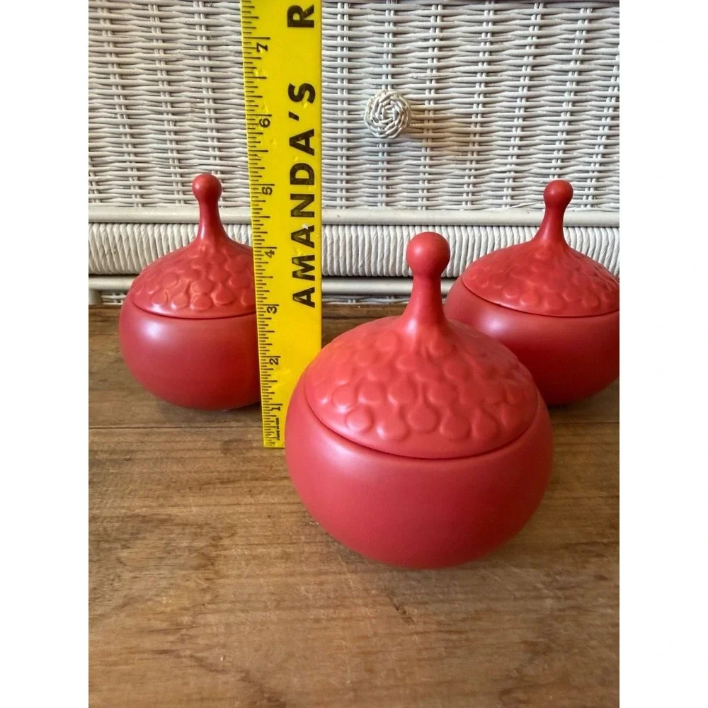 Set of 3 Matte Red Ceramic Lidded Teardrop Decorative Containers